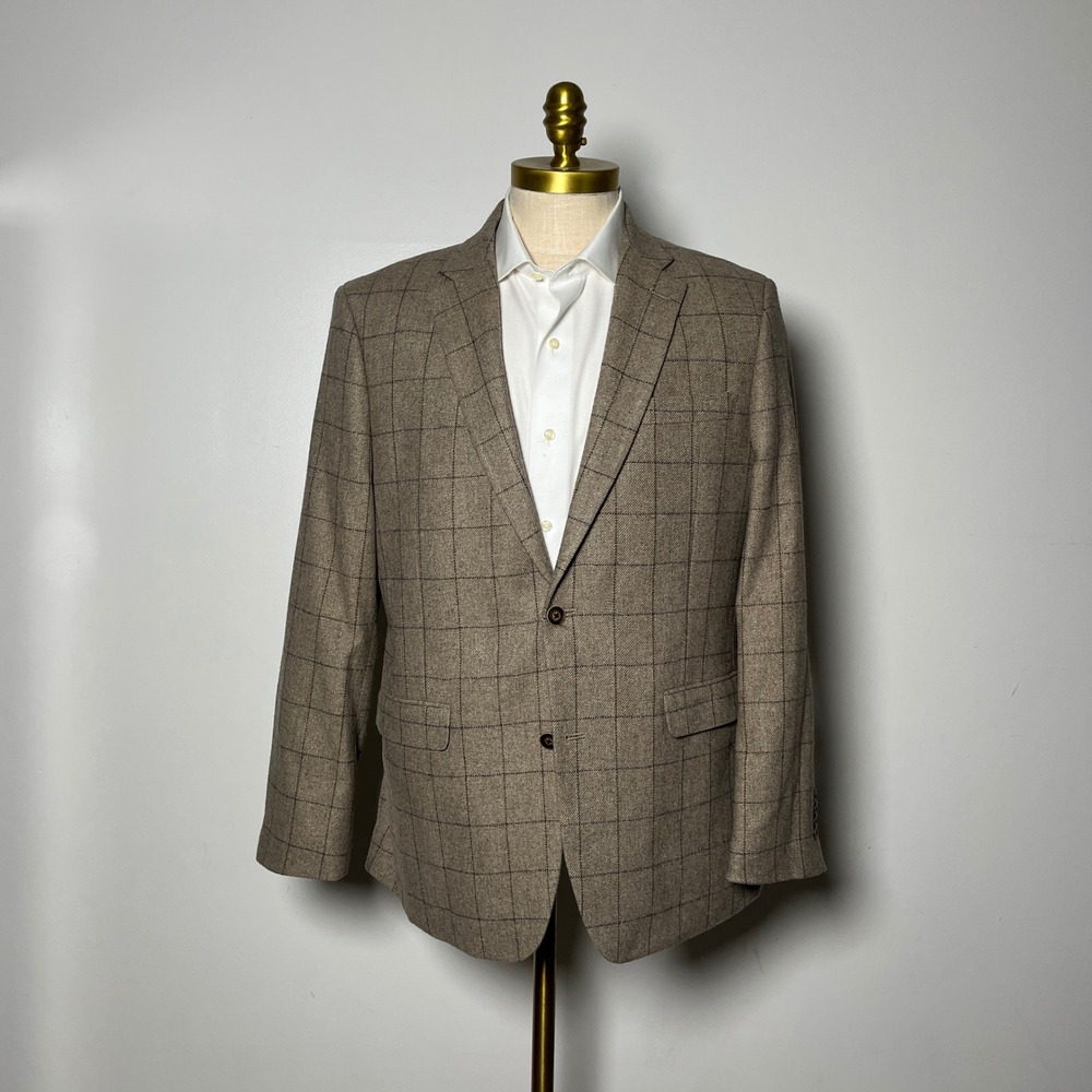 Tommy Hilfiger Blazer Mens 40R Tan Brown Windowpane Wool Blend Two Button Jacket